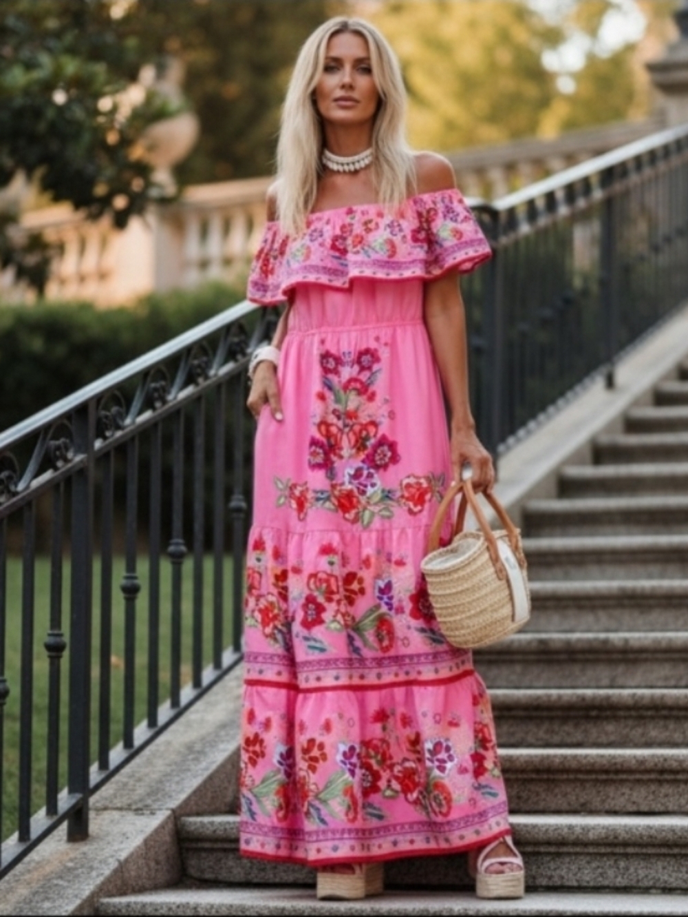 Floral Ruffle Off Shoulder Belted Elastic Waist Retro 70s Tiered Boho Maxi Dress